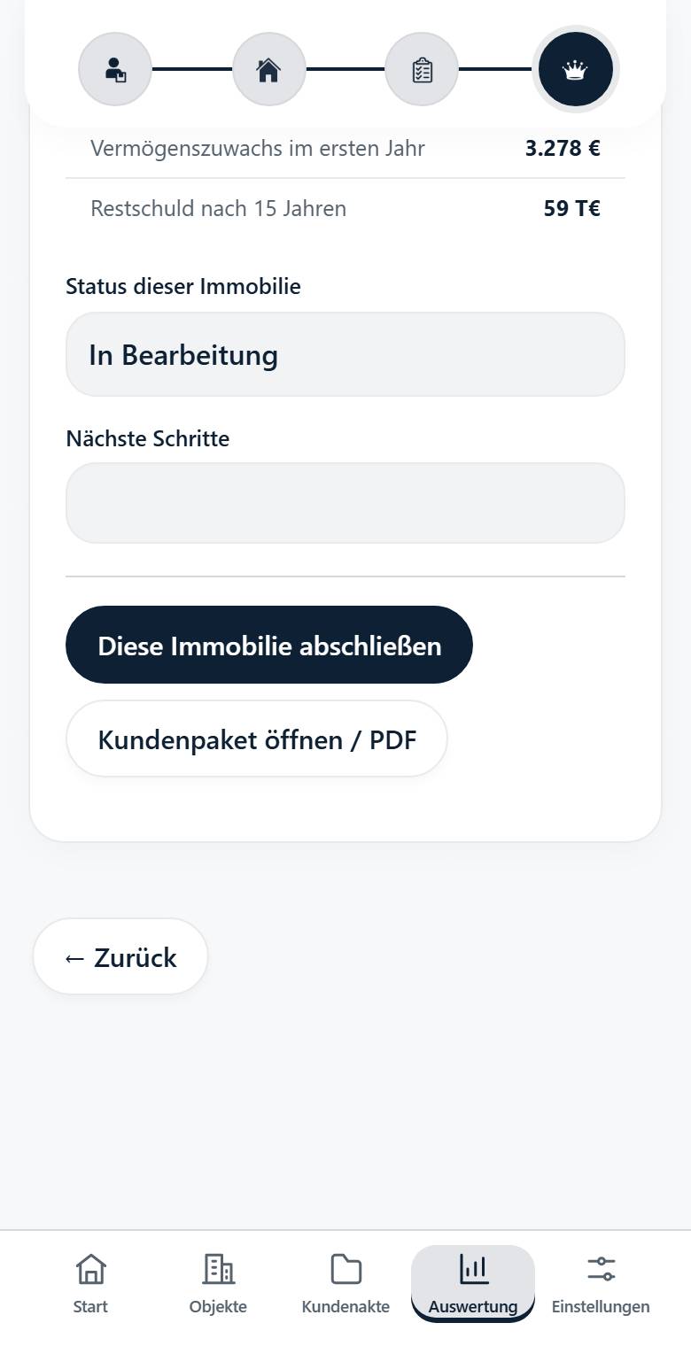 Abschluss mit Status, Nächste Schritte und Kundenpaket öffnen