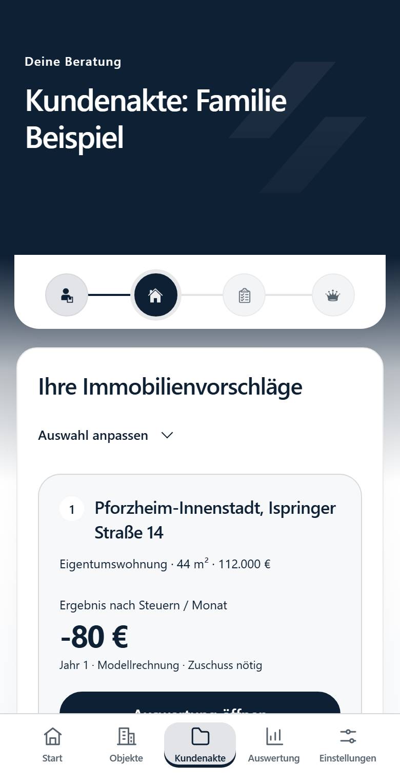 Schritt 2 mit Immobilienvorschlägen und Ergebnis nach Steuern